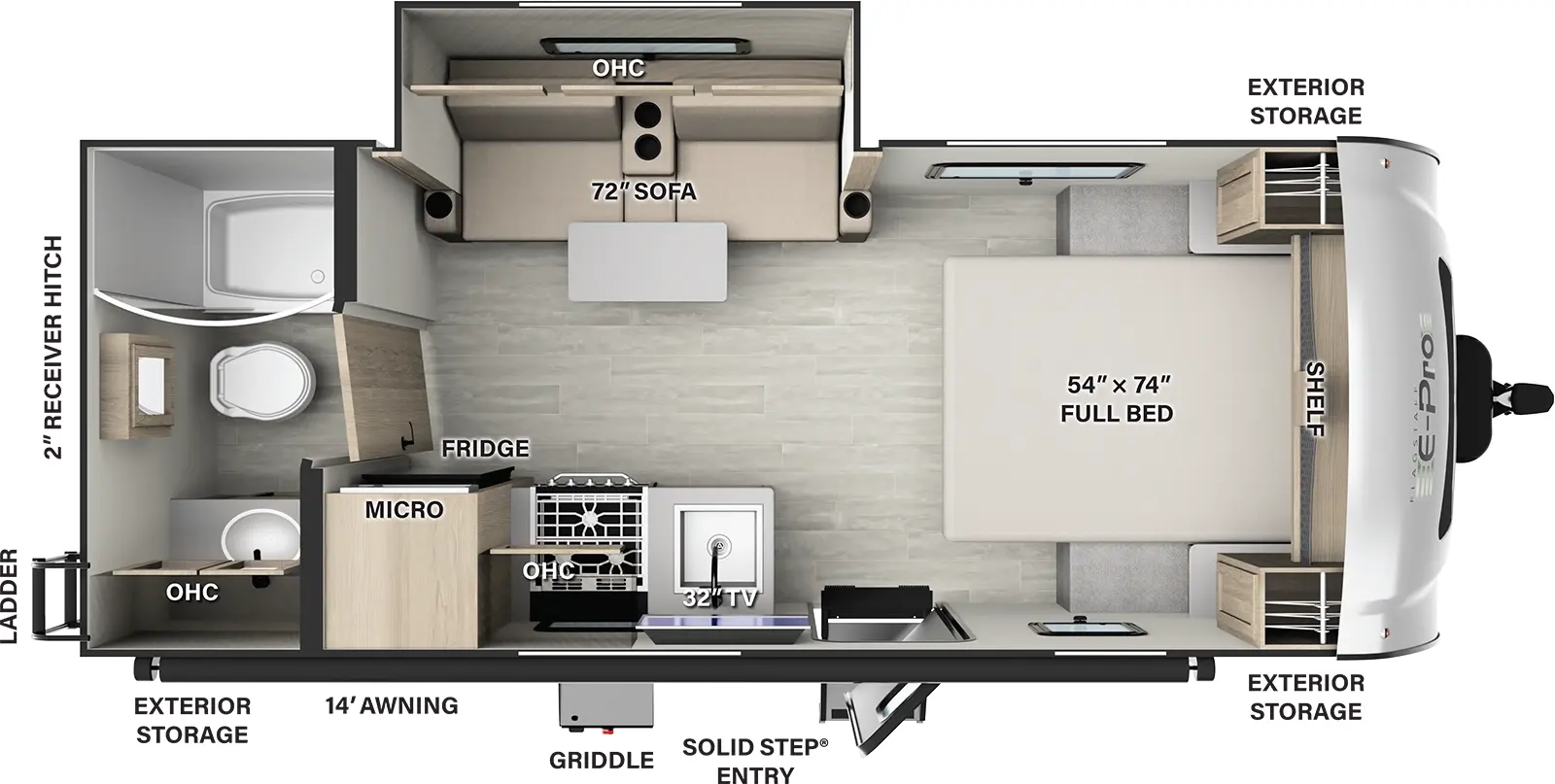 The E20FBS has 1 slide out and 1 entry. Exterior features storage, ladder, 2 inch receiver hitch, solid step entry, griddle, and a 14 foot awning. Interior layout front to back: foot-facing full bed with shelf above; off-door side slide out with sofa, table and overhead cabinet; door side entry, kitchen counter with sink, overhead cabinet, microwave and refrigerator; rear full bathroom with overhead cabinet.